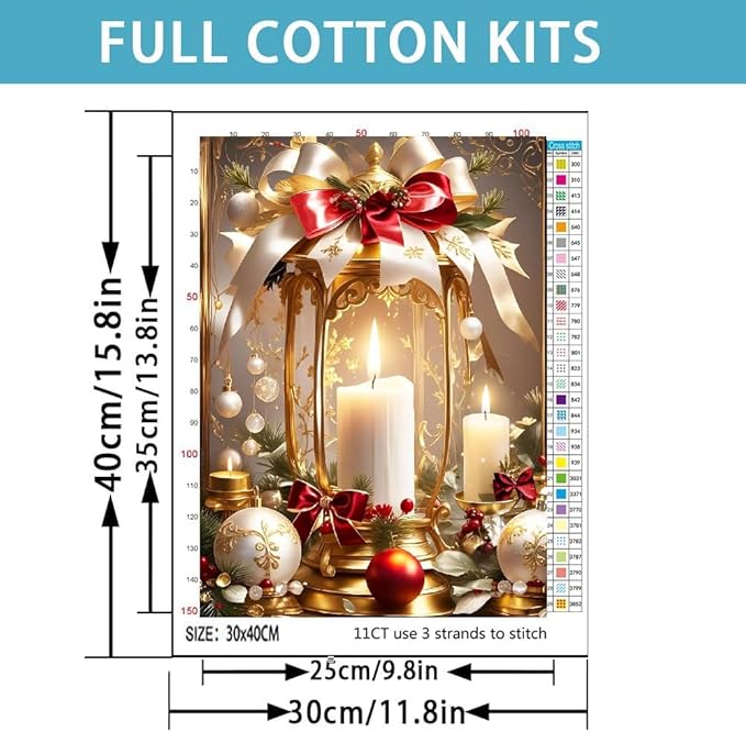 Christmas Stamped Cross Stitch Kits for Adults -Candle Embroidery Kits for Beginners Adults,11 CT Patterns Dimensions Counted Cross Stitch Kits for Adults Arts Craft 12x16 inch