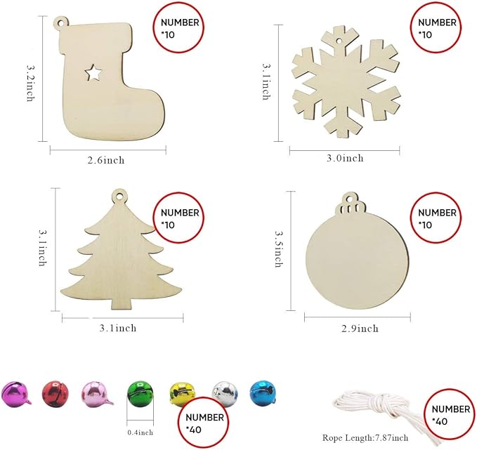 Hidreas 40PCS Christmas Crafts Unfinished Wooden Christmas Ornaments Kit, DIY Ornaments Crafts with Colorful Bells and Wax Rope for Holiday Decoration and DIY Craft Making