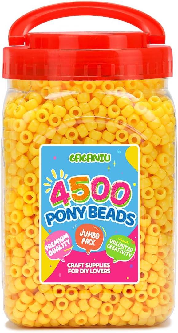 pony beads 2.5 lb – 4500+ yellow 6x9mm plastic kandi beads in handle bucket for craft supplies, jewelry making, bracelets, hair braiding & diy projects