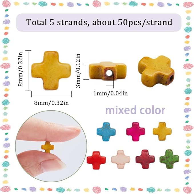 SUNNYCLUE 1 Box 250Pcs Cross Beads Mini Small Colorful Cross Charms Bulk Easter Synthetic Turquoise Stone Cross Bead Tiny Pocket Crosses Crucifix Loose Spacer Beads for Jewelry Making Kits Adult