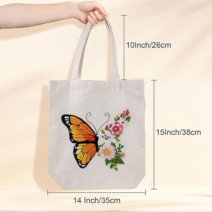 louise maelys embroidery kit canvas tote bag for beginners,cross stitch kits for adults,diy needlepoint with butterfly floral pattern,women shopping reusable grocery bags