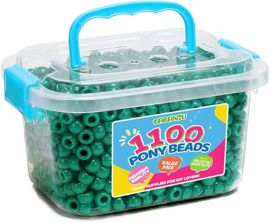 gaganiu pony beads 1100+ pcs – dark green plastic kandi beads in jar for bracelets, hair braids, jewelry making & diy crafts