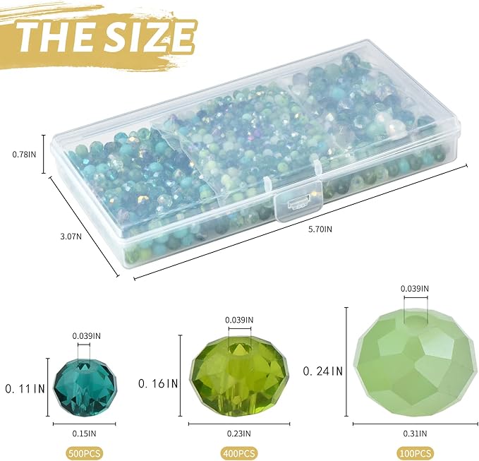 Briolette Crystal Glass Beads for Jewelry Making,1000pcs 4/6/8mm Faceted Rondelle Green Beads Assorted Round Shaped Spacer Bead for DIY Crafts Bracelets