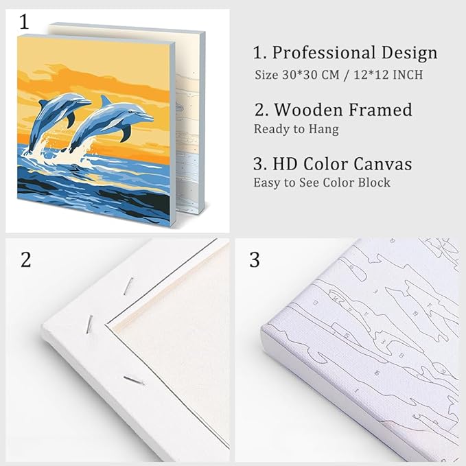Natuyalo Framed Paint by Numbers Kit for Adults, Dolphin Easy Acrylic Paint by Numbers on Canvas with Paints and Brushes, Animals Arts Crafts Kits for Home Wall Decor (12x12 Inch)