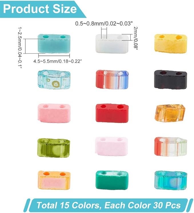 NBEADS About 450 Pcs Half Cut 2-Hole Glass Spacer Seed Beads, 4.5-5x2mm Rectangle Mini Japanese Glass Beads for Bracelet Necklace Earring Jewelry Making - 15 Colors