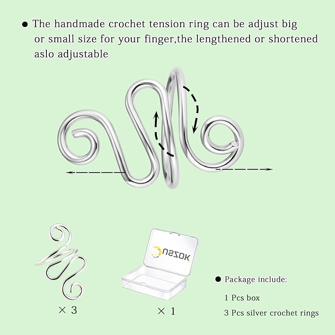 3Pcs Handmade Crochet Tension Ring, Crochet Ring for Finger Crocheting，Yarn Tension Adjustable Companion Knitting with Box Gifts for Crocheters Women (Silver)