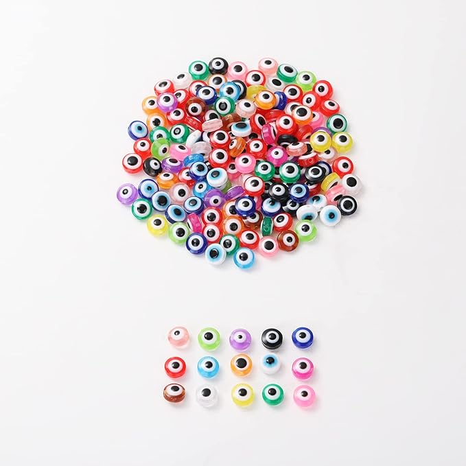 300pcs Evil Eye Beads for Jewelry Making,Flat Round Bead 8mm Spacer Beads for Bracelets Handicraft Kit(Mixed Color)