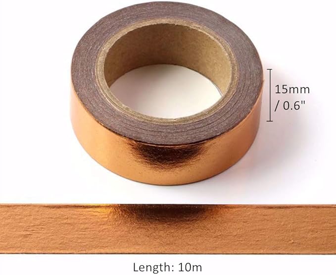 MEI YI TIAN 6 Rolls Solid Copper Gold Foil Washi Tape Set 15mmx10m Bronze Golden Stamping Paper Adhesive Masking Tapes Sticky Paper Tape for DIY Scrapbooking Journals Crafts Art Decoration