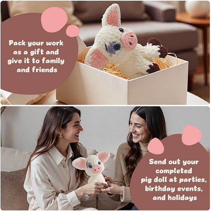 Linhao Jew Crochet Kit for Beginners – Knitting Kits Cute Animal Kitten Keychain with Pre-Started Easy Yarn, Step-by-Step Video Tutorials for Adults & Kids DIY Crafts (Pig)