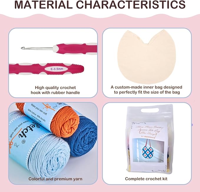 Hanfetch Crochet Kit for Advanced or Intermediate Beginner, Step by Step Video Tutorial and Detailed Guide Instruction DIY Craft Supplies for Adult and Kid with Complete Kit for Granny Square Tote Bag