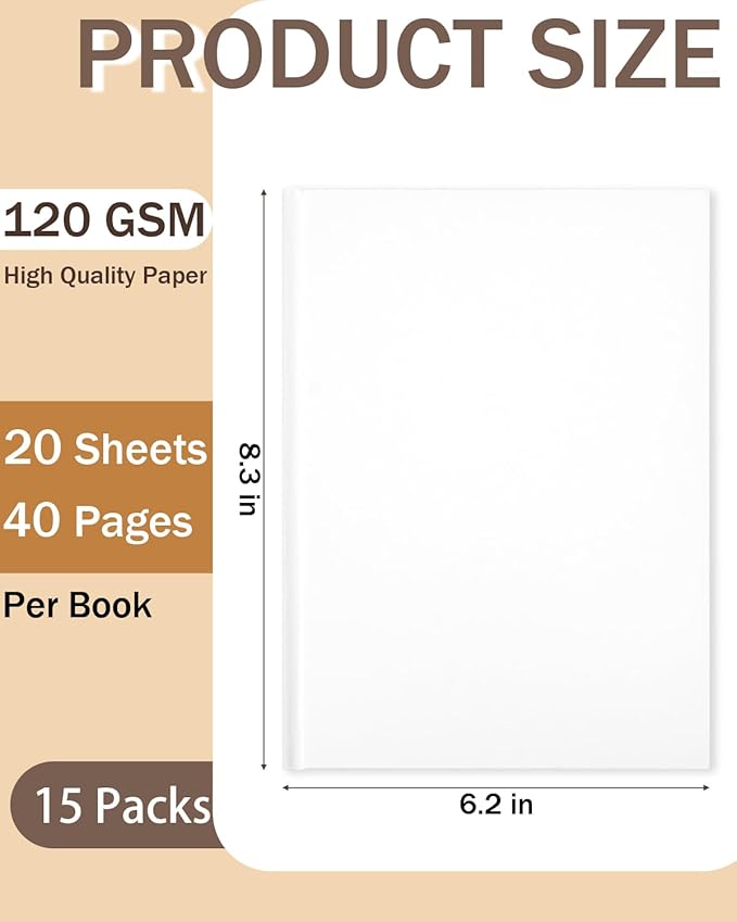 Dynta Blank Hardcover Book A5(6.2x8.3Inch), 15 Pack Blank Books for Kids to Write Stories Sketch White Hardcover Sketchbook Journal for Writing Drawing Creating, 40 Pages (20 Sheets) for Each book