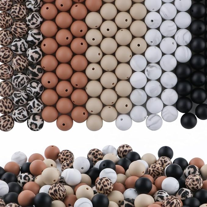 150Pcs Mixed Color 15mm Silicone Beads for Keychain Making, Black Camel Leopard Print Silicone Beads for Pens and Bracelet Jewelry Making