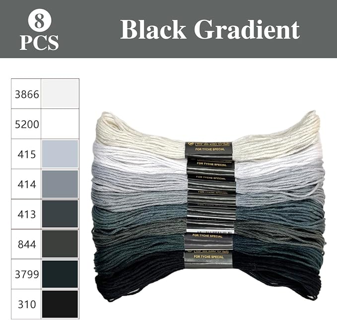 Zhenqing 8-Color Gradient Embroidery Floss Set | 7 Color Families (Red, Yellow, Blue, Green, Purple, Brown, B&W) | 56 Pre-Sorted Skeins, 6-Strand Threads (8m Each) for Sewing & Crafts