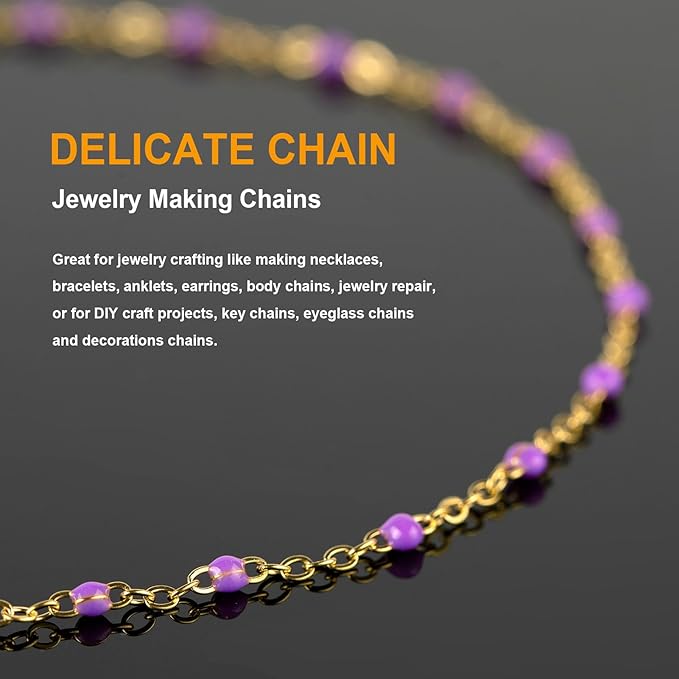 KYUNHOO 5 Meters Gold Stainless Steel Chains for Jewelry Making Purple Enamel Beaded Chain Roll with Lobster Clasps Jump Rings for Crafting Bracelet Choker DIY