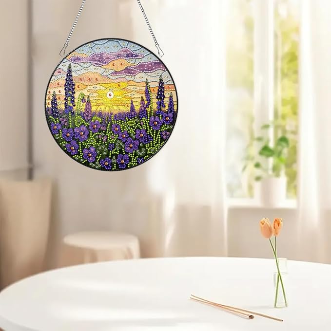 hyzsj DIY Hanging Diamond Art Pendant Painting Kit Lavender Sunset,Acrylic 5D Painting Window Pendants, Special Crystal Gem Craft Painting Kit Ornament 9.4x9.4inch