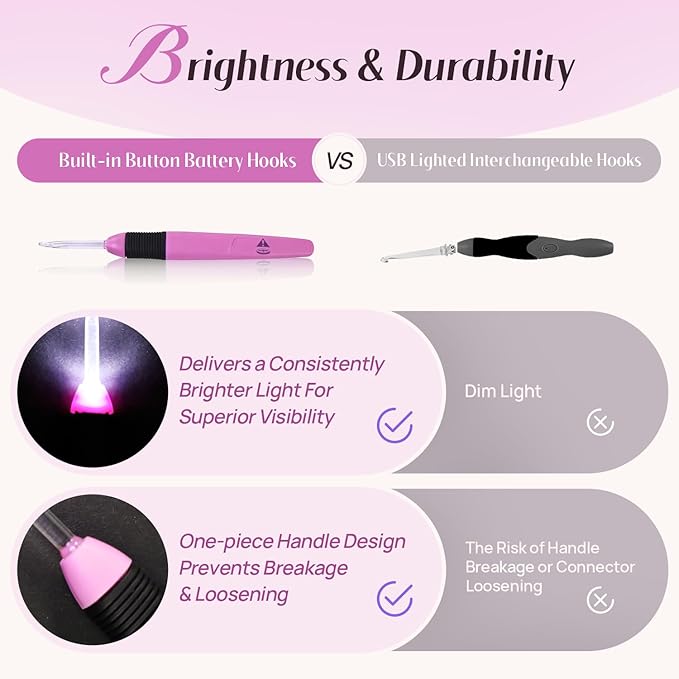 lewhoo light up crochet hook with battery 2.5-6.5mm, 9 size led crochet hooks set with bag for dark yarn, 3 packs replacement batteries crochet needle set
