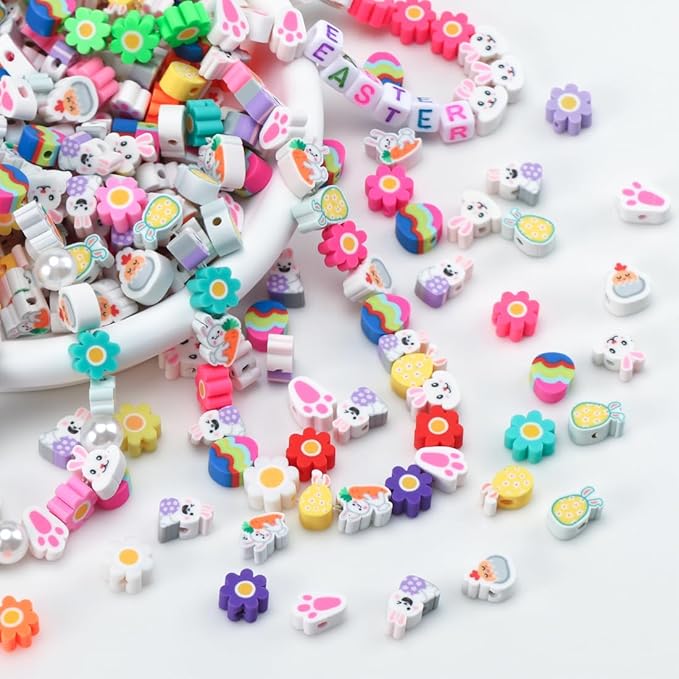 Easter Polymer Clay Bead for Bracelets, 300 Pieces Easter Beads Assorted Bunny Chick Egg Flower Shapes Beads Necklace Jewelry Making DIY Crafts