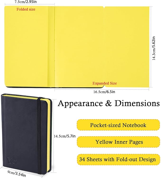 Small Premium Yellow Art Sketchbook,5.7 x 3.54 inches Mixed Media Notebook,34 Sheets 120 GSM Acid-Free Folding Drawing Papers, Hardcover Pocket Journal Sketchbook for All Artists