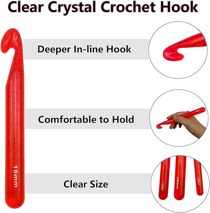 Hobekoee 43 Pcs Large Crochet Hooks Set,12mm 15mm 18mm 20mm 25mm Large Crochet Hooks for Chunky Yarn,Plastic Crystal Smooth Big Crochet Needles for Handmade DIY Crochet with Storage Bag