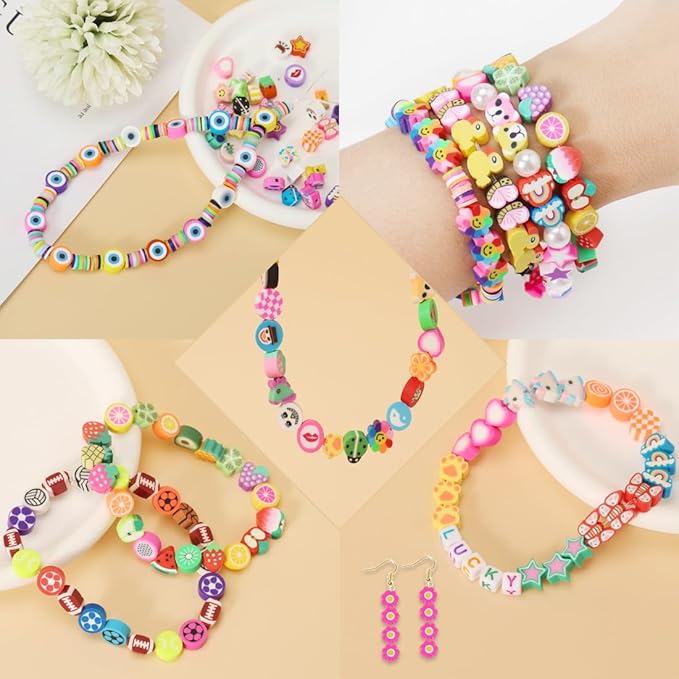 500 Pieces Polymer Clay Beads for DIY Jewelry Making, 24 Style Cute Clay Bead Animal Beads Flower Football Sports Beads Charms for Bracelets Necklace Crafts Kits for Adults Women