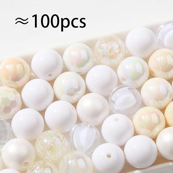 16mm Acrylic Bead 100pcs White Focal Spacer Bead Chunk Bubblegum Beads for DIY Crafting Necklace Bracelet Jewelry Making Keychain (White)