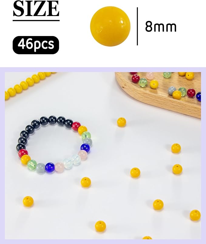 8mm Glass Beads 46PCS Glass Beads for Jewelry Making Charm Round Loose Bead for Bracelet Making Kit (Dark Yellow Glass)