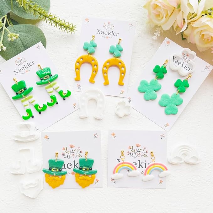 St. Patrick's Day Polymer Clay Cutters Set - 12pcs Lucky Shamrock Leprechaun Shapes for DIY Earring Jewelry Making, Soft Clay Crafts & Holiday Supplies