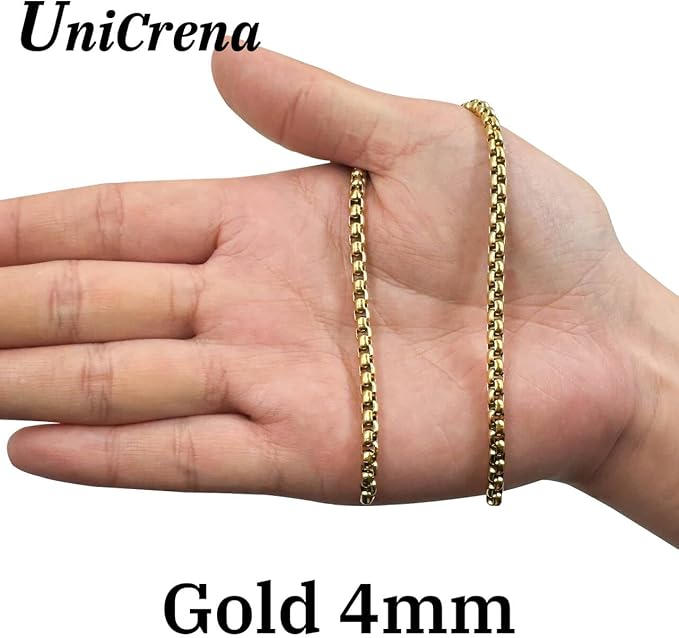 UniCrena Gold 4mm Box Chain for Jewelry Making - 9.8ft 3m Stainless Steel Bracelet Chain for Men Women