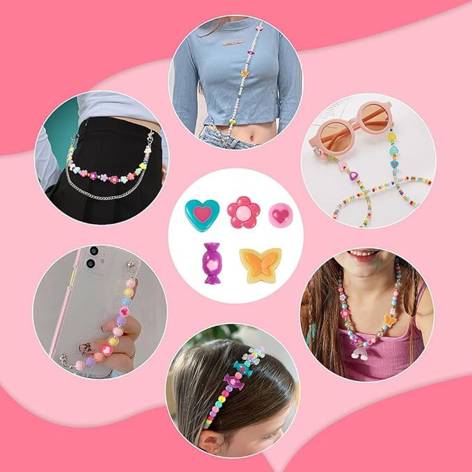 FASHEWELRY 75Pcs Acrylic Heart Flower Butterfly Beads Assorted Pastel Pony Beads Candy Colors Spacer Loose Beads for Jewelry Making Key Chains Bracelet Necklace