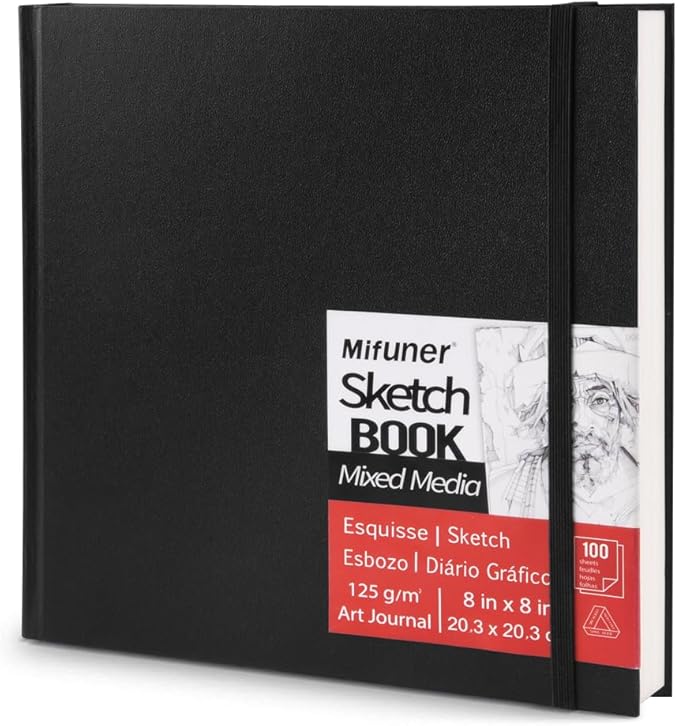 Mixed Media Art Sketchbook, 8 x 8 inches, 100 Sheets/200 Pages 125 GSM Acid-Free Beige Drawing Papers,Large Hardcover Art Journal Sketchbook for All Artists.Black