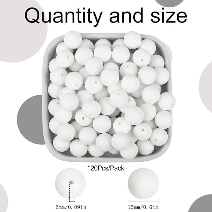 MAIBAOTA 120 Pcs White Silicone Beads - 15 mm Round Beads for Keychain, Pens, Bracelet, Necklace Making - Bulk Craft Kit