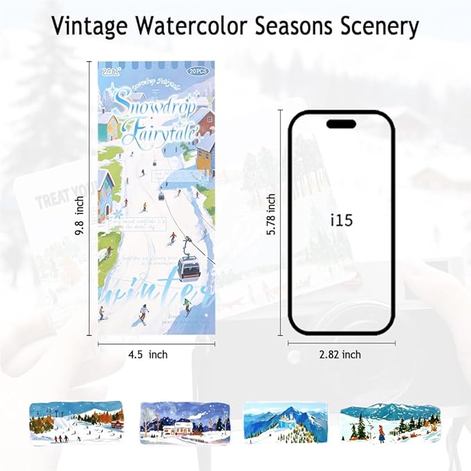 20 Sheets Pre-Cut Winter Scenery Scrapbook Sticker Book for Scrapbooking Supplies, Dual Washi and PET Materials Decorative Stickers for Journaling, Collage, Bujo, Crafts, 4.5 x 9.8 inches