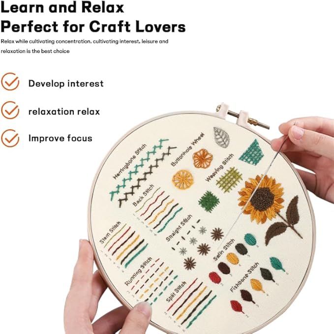 JOINRUN 4 Pack Beginner Embroidery Kit for Adults, Learn Stitches with Pre-Stamped Patterns, Step-by-Step Guide & Video, 7.8" Hoop, Threads & Needles, DIY Needlework Craft Gift for Women