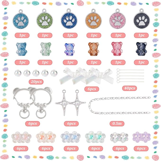 SUNNYCLUE 1 Box DIY 6 Sets Bear Bag Charms Keychain Making Kits Colorful Little Bear Bead Animal Paw Print Teddy Bead Keyring Charms for Purse Backpack Handbag Decor Pendant DIY Kit Women Accessories
