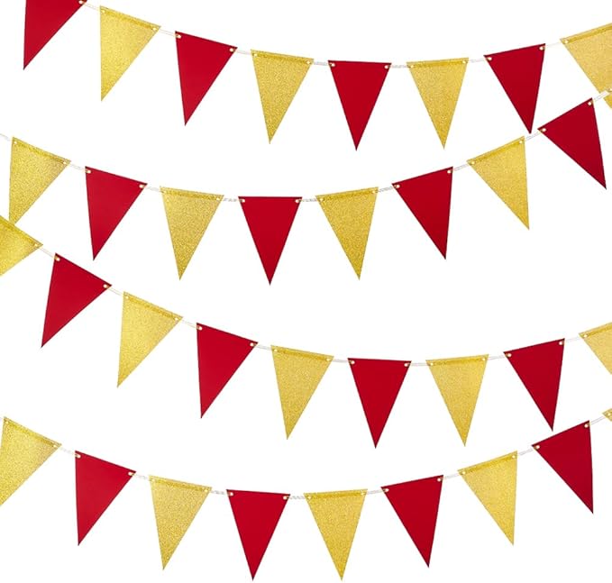 MOWO Gold Red Pennant Banner Paper Bunting Hanging Decoration for Birthday Graduation Retirement Party, Pack of 30 Counts Pennant, 20 feet