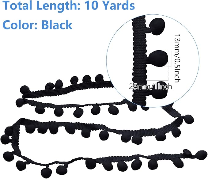 Homiest 10 Yards Pom Pom Trim for Sewing, 1 Inch Wide Black Ribbon Bundles Textured Fabric Fringe Ribbon, 13mm Ball Pompom Trim for DIY Crafts Curtain Clothes Pillow Home Decoration