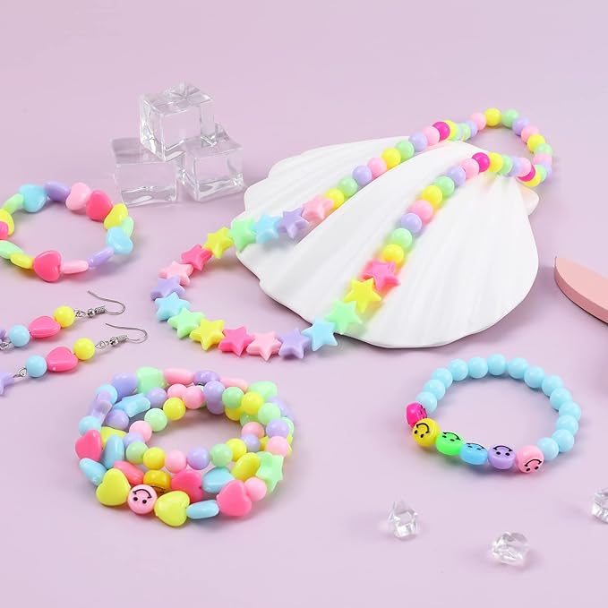 Miss Rabbit Candy Color Acrylic Heart Beads Star Beads Plastic Bead Kit Cute Pastel Bead for Bracelets Jewelry Making DIY Crafts Necklace Phone Charm