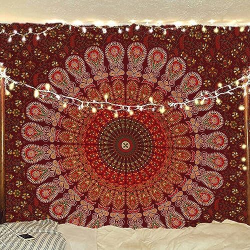 bless international handmade indian hippie bohemian psychedelic peacock mandala wall hanging college dorm beach throws table cloth bedding tapestry (maroon yellow, poster(30x40inches)(76x101cms))