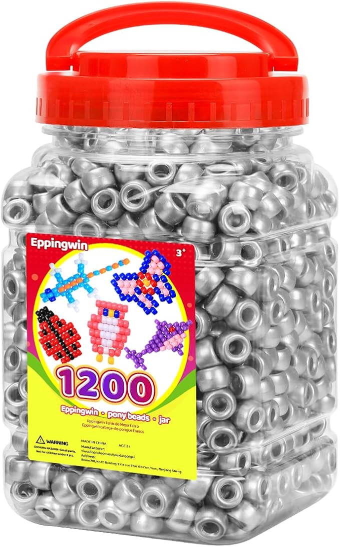 eppingwin 1200pcs pony beads for bracelets,6x9mm kandi beads for hair braids, easy storage pony bead for jewelry making (silver)