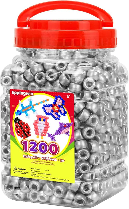 eppingwin 1200pcs pony beads for bracelets,6x9mm kandi beads for hair braids, easy storage pony bead for jewelry making (silver)