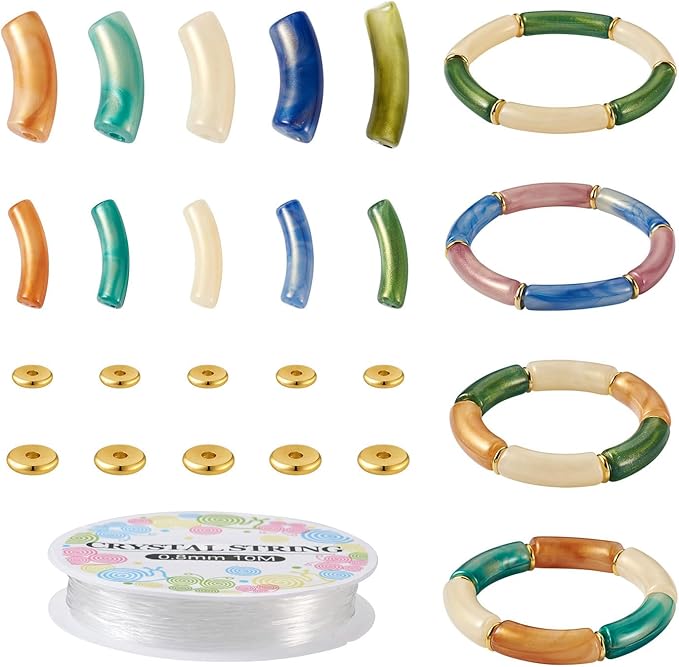 Sparkeads 120PCS Bamboo Tube Bracelet Making Kit for Women Friendship Bracelet Gift Stacking Bangles Chunky Curved Acrylic Beads Metal Spacers Elastic Thread Bracelet Beads