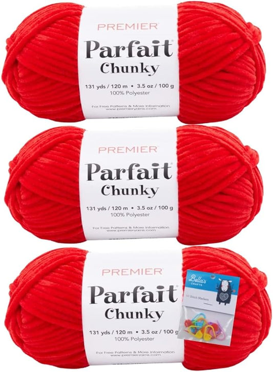 Premier Yarns Parfait Chunky Chenille 3.5 Oz Super Bulky Weight 3 Pack Bundle with Bella's Stitch Place Holders (Poppy)