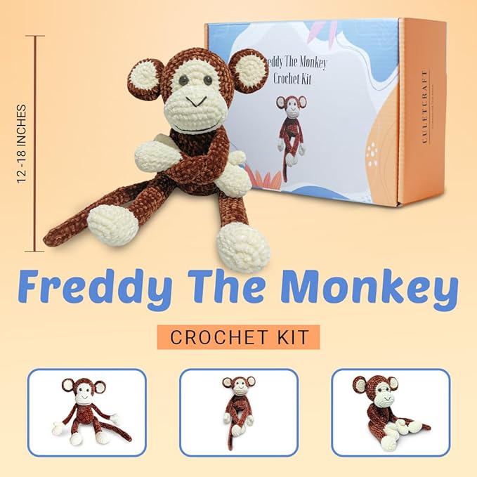 CULETCRAFT Crochet Kit for Beginners Adults, Freddy The Monkey DIY Crochet Animal Kit for Beginners, Learn to Crochet with Step-by-Step Instruction Book, Beginner Crochet Kit for Adults