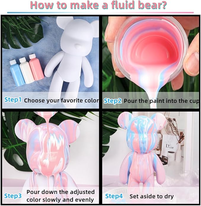 HANDA DIY Painting Fluid Bear Teddy Bear Painting Kit Set Creative Home Decorations Handmade Doll Figurine Toys Gift for Birthday Valentines (9.05 inch, Green+Black+White)