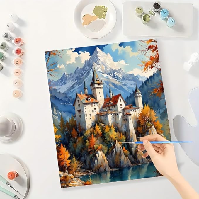 Fantasy Architecture Paint by Numbers Kit for Adults - DIY Castle in Autumn Mountains Painting on Canvas, Acrylic Paint Set, Suitable for Beginners, Art for Home Decoration or Gifts(16X20IN Framed)