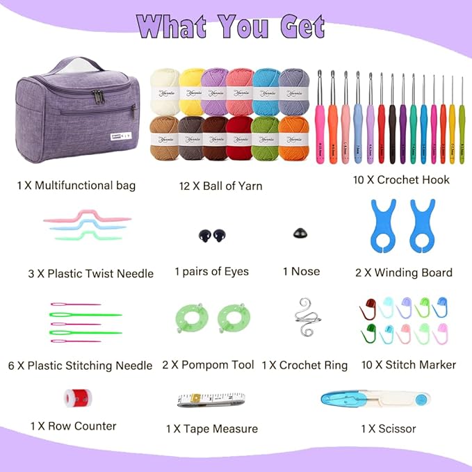 yarniss crochet kits for beginners with instruction, all-inclusive crochet set include 840 yards yarn&14 sizes crochet hooks, crocheting kit for adult with bag,purple