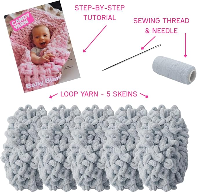 Beginner Craft Kit – Easy Loop Yarn Baby Blanket Kit for Adults & Kids, DIY Arm Knitting Kit with Soft Chenille Yarn, Perfect Handmade Gift (Gray)