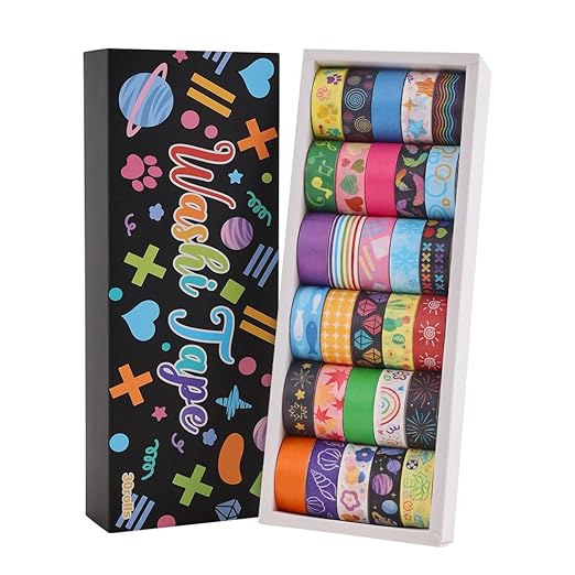 30 Rolls Colorful Theme Washi Tape Set with Different Colorful Patterns, Writable Decorative Tapes for Scrapbooking, Junk Journal Supplies, Bullet Journaling, 0.6'' x 79'' per Roll