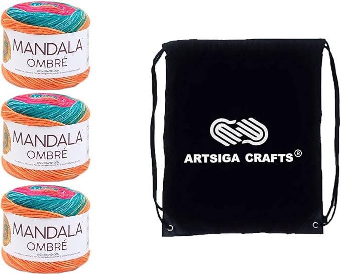 Lion Brand Mandala Ombre Happy 551-206 (3-Skeins - Same Dye Lot) Worsted Medium #4 Acrylic Yarn for Crocheting and Knitting with Project Bag