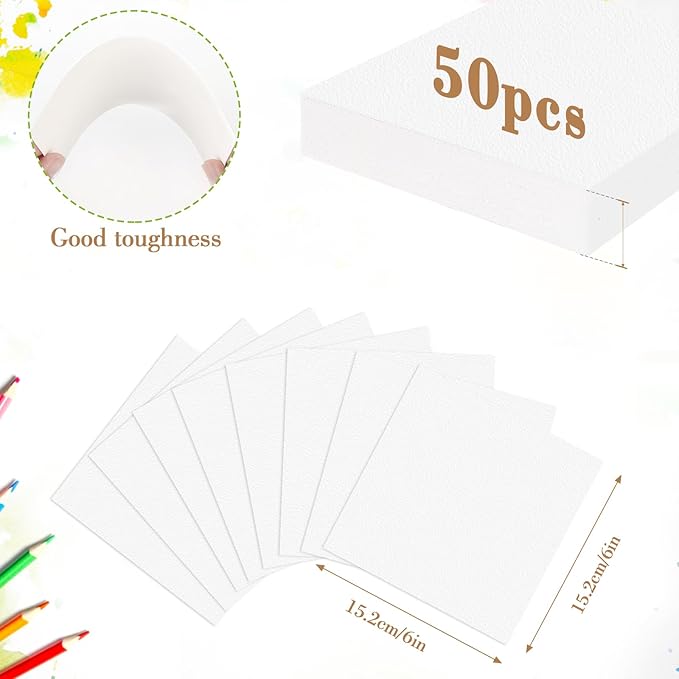 50PCS 6x6 Watercolor Paper Bulk, 140lb/300g Cold Press Thick Water Color Paper Pad for Child Adult, White Art Paper for Drawing Painting Markers Gouache, Textured Cotton Paper Sheets